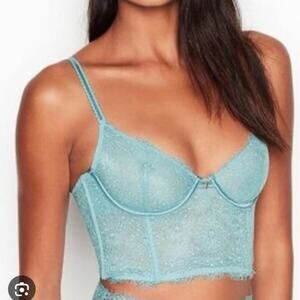 Victoria’s Secret Love Cloud Lace Longline Bra 36DD Teal Blue Underwire Bustier